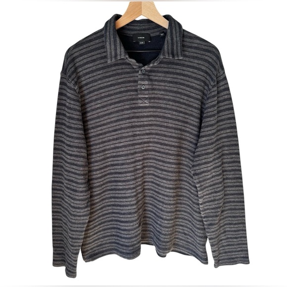 Vince Men’s Long Sleeve 100% Cotton Gray Striped Preppy Polo Pullover Sz XL - Picture 2 of 11
